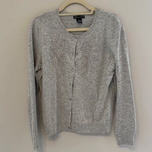 Classic Grey Floral-Embroidered Button Cardigan
